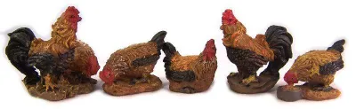Produktbild von Hühner 5 Tlg. aus Polyresin, handbemalt. Krippenfiguren.  Krippentiere. bis 3 cm