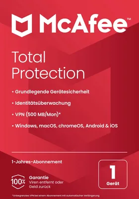 Produktbild von McAfee Total Protection, 1 Lizenz(en), Upgrade, 1 Jahr(e), 12 Monat( e), Upgrade