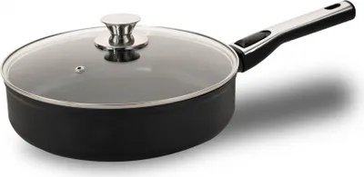 A black frying pan with a glass lid and a silver handle is shown against a white background.