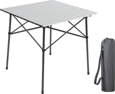 Produktbild von Unyqoos® Camping-Klapptisch mit Aluminium-Tischplatte – für 4 Personen, Aufbau 70×70×67 cm, Faltmaß 70×19×5,5 cm, Stahlgestell, bis 80 kg, inkl. Tragetasche, silber