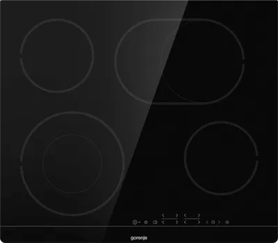 A top-down view of a black electric hob with four cooking zones.