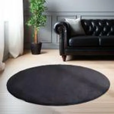 Produktbild von Moderner flauschiger Kurzflor Teppich einfarbig, rutschfest, waschbar & soft - perfekter Komfort für Zuhause, Größe: 120 cm Rund, Farbe: Schwarz
