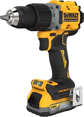 A studio shot of a DeWALT cordless drill on a white background.