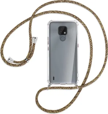 Produktbild von Handykette Backcover-Schutzhülle mit Band (Metall silberfarben) für Motorola Moto E7 - braun+beige