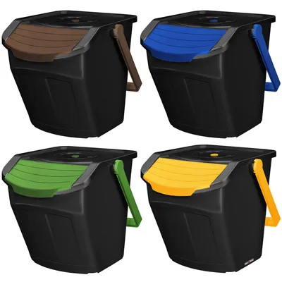 Four black trash bins with different colored lids are arranged in a two-by-two grid against a white background.