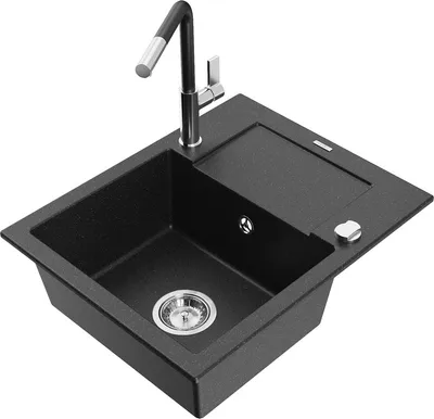 Produktbild von Mexen Enzo 1 Becken-Granitspüle mit Abtropffläche und Mischbatterie Flora, Schwarz/Silbermetallic - 6506-73-670401-07