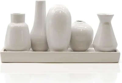 Produktbild von 5 Väschen "bauchig" auf Tablett aus Keramik weiß groß