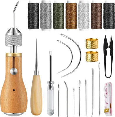 Produktbild von Leder Nähset 21-teilig, für Lederreparaturen, mit Schere und gewachstem Garn, für Handarbeit