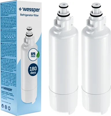 Two refrigerator filters are shown next to their packaging.