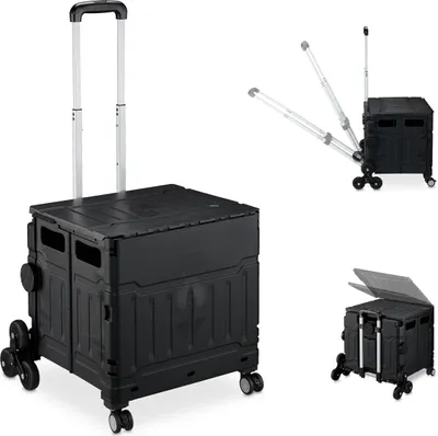 Produktbild von Relaxdays Einkaufstrolley Treppensteiger, klappbar, Einkaufskorb mit Rollen, Deckel, neigbarer Teleskopgriff, schwarz