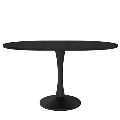 A black oval dining table with a pedestal base is shown against a white background.