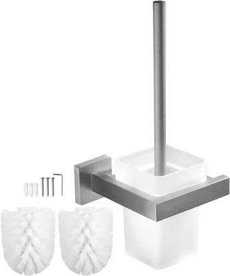 Productafbeelding van Toiletborstel wandmontage, 2 vervangborstels, mat satijn glas, roestvrijstalen houder, voor badkamer