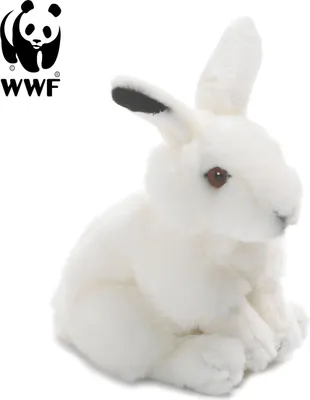 A white plush rabbit with black ear tips and brown eyes, sitting on a white background. The WWF logo is in the top left corner.