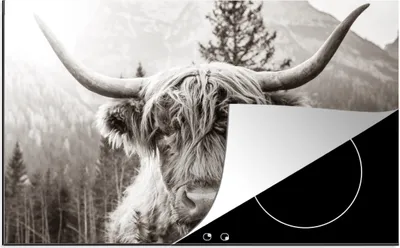 Obrázek produktu pro KitchenYeah® Krycí deska na sporák Scottish Highlander - Animals - Black - White , 89x51cm, dekorace do kuchyně, keramická krycí deska na sporák, krycí deska na varnou desku