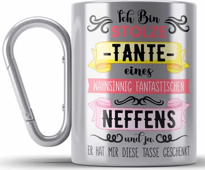 Produktbild von Trendation - Geschenk für Tante von Neffe Edelstahl Tasse Karabiner Geschenkidee Lustig Spruch (Silber)