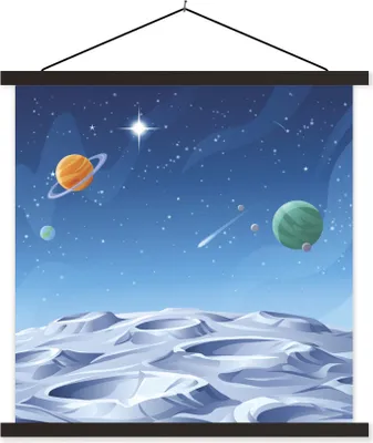 Produktbild von MuchoWow® Textilposter Eine Illustration des Mondes zwischen den Planeten 120x120 cm mit schwarzem Rahmen - Aufhängungsset