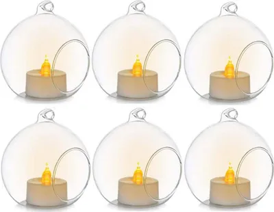 Produktbild von 6 hängende Teelichthalter aus Glas, romantische Dekoration für Hochzeiten, Restaurants und als Kerzenlicht, Heimdekoration mit Glaskugeln, Kristallkerzenhalter für Weihnachten/Geburtstage