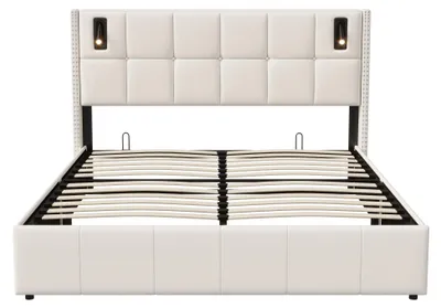 Obrázok produktu pre Postel s čalúnením - dvojlôžko - 160 x 200 cm - s hydraulickým úložným priestorom - zamatová - s pružinovou roštovou základňou - béžová