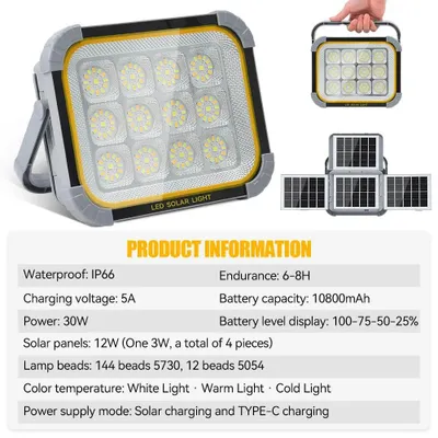 Zdjęcie produktu dla Lampa solarna LED – reflektor – bez czujnika ruchu PIR – zasilana energią słoneczną – wodoszczelna (IP65) – możliwość regulacji jasności – wykonana z aluminium – do montażu na ścianie, w ogrodzie i na podwórku