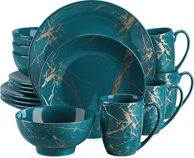 Image de Service de table en porcelaine Famanu, 16 pièces, avec motif doré en relief, idéal pour 4 à 12 personnes