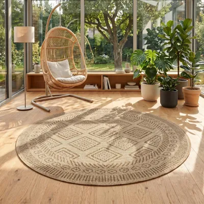 Immagine prodotto di Carpetsale24 Tappeto Outdoor Beige Effetto Juta Rotondo 160 cm Balcone Terrazza Giardino Resistente UV Grande Rombi Tessuto piatto