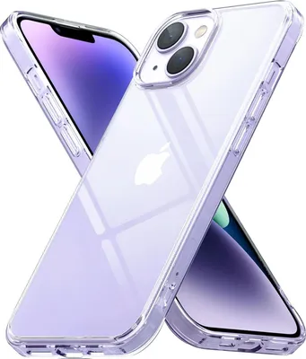 Two transparent phone cases with iPhones inside, angled towards each other.