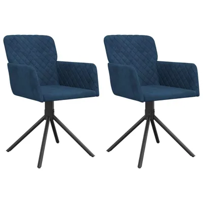 Two blue velvet swivel dining chairs with black metal legs against a white background.