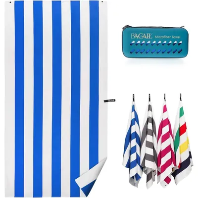 Produktbild von Strandtuch Mikrofaser Streifen Blau XXL 180x90cm Schnelltrocknend Sandfrei Inkl. Hülle