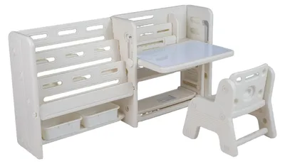 Immagine prodotto di Scrivania per bambini con sedia, libreria, tavolo multifunzionale per bambini con piano inclinato e spazio contenitivo, tavolo da disegno e attività, set di sedute per bambini, set di mobili per cameretta