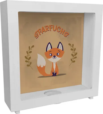 Produktbild von Rahmen Spardose aus Holz mit süßem Fuchs Motiv und Spruch - Sparfuchs