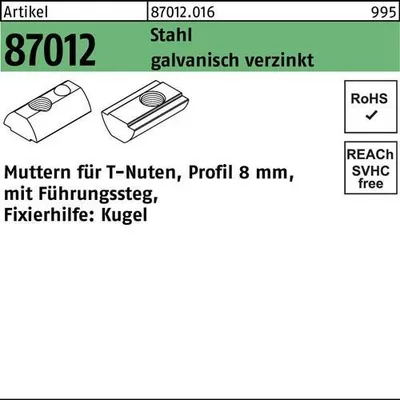Produktbild von Reyher  Muttern für T-Nuten 87012 Zn8mm, M 6 mit F. Zn (100 Stück)