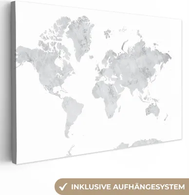 Produktbild von MuchoWow® - Leinwandbilder - Weltkarte - Grau - Marmor, Wandbild, Wanddeko Bilder Wohnzimmer, 90x60 cm