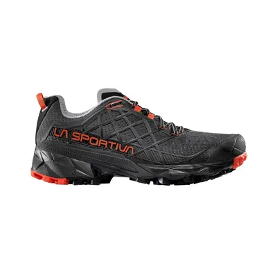 Trailrunning-Schuh "Akyra II" von La Sportiva in Schwarz mit roten Akzenten; seitliche Ansicht.
