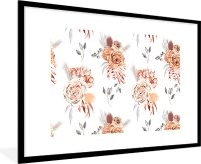 Produktbild von MuchoWow® Gerahmtes Poster Blumen - Blätter - Bohème - Weiß 90x60 cm - Poster mit Schwarzem Bilderrahmen Wandposter Rahmen Foto Bilder - Wanddekoration - Fotos