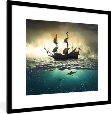 Produktbild von MuchoWow® MuchoWow® Gerahmtes Poster Meer - Boot - Hai 40x40 cm - Poster mit zchwarzem Bilderrahmen - Poster - Plakat im Rahmen