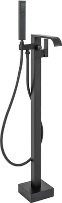 A black freestanding bathtub faucet with a handheld showerhead.