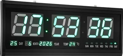 A digital clock displaying time, date, and temperature.