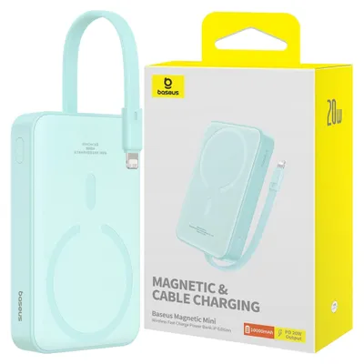 Produktbild von Baseus Magnetic Mini - Powerbank 10000 mAh 20 W USB-C mit kabellosem MagSafe-Laden und Lightning-Kabel (mintblau)