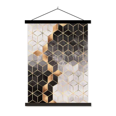 Produktbild von MuchoWow® Textilposter Abstrakt - Würfel - Gold - Muster - Schwarz - Weiß 60x80 cm mit schwarzem Rahmen - Plakathalter