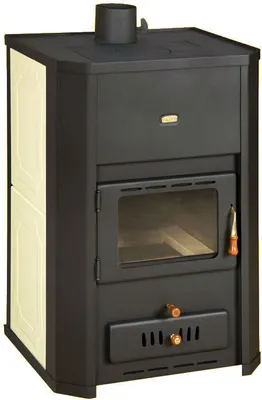 A freestanding wood-burning stove with cream-colored side panels and a black main body.