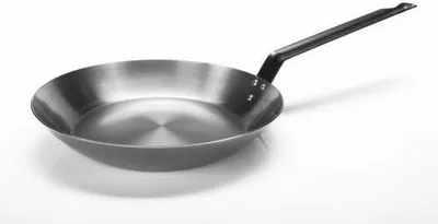 A black-handled metal frying pan is shown against a white background.