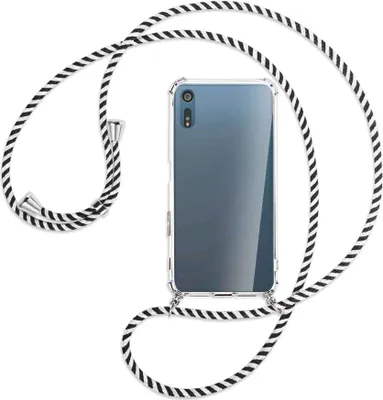 Produktbild von Handykette Backcover-Schutzhülle mit Band (Metall silberfarben) für Sony Xperia XZ, XZs - schwarz/weiß gestreift