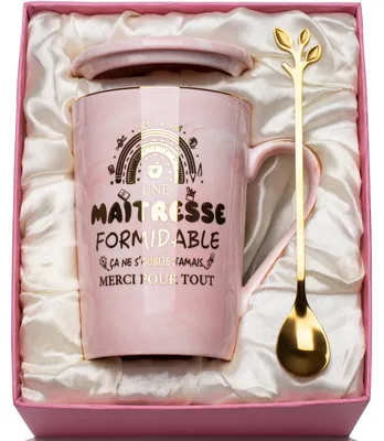 Imagen del producto de Tazas de cerámica con diseño de mármol para profesores, con cuchara y embalaje de regalo