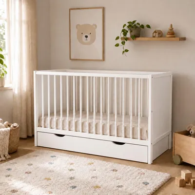 Produktbild von Kids Collective Babybett Kinderbett Beistellbett | Modulares Gitterbett Lattenrost 3-fach höhenverstellbar & abnehmbare Sprossen | Baby Bett Holz Kinderzimmer | 120x60 cm | Weiß, KI-generiertes Bild