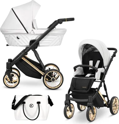 Produktbild von Kinderwagen IVENTO Sportwagen Babywagen Babyschale Komplettset Kinder Wagen Set 2 in 1 (White Pearl, Rahmenfarbe: Gold)