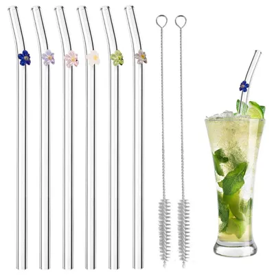 Obrázek produktu pro Skleněné brčka, 6 kusů, opakovaně použitelné, zakřivené, s květinovým motivem, délka 19 cm, 2 kartáčky