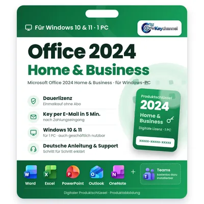 Produktbild von Microsoft Office 2024 Home & Business | Vollversion für Windows 10/11 | 1 PC | Dauerlizenz ohne Abo | Key per E-Mail in 5 Min.