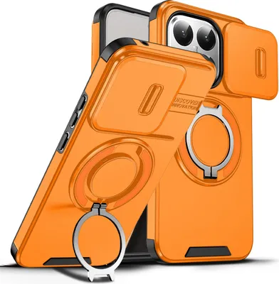 Immagine prodotto di Custodia a doppio strato per Xiaomi 15T, con copertura scorrevole della fotocamera e supporto ad anello magnetico Arancione