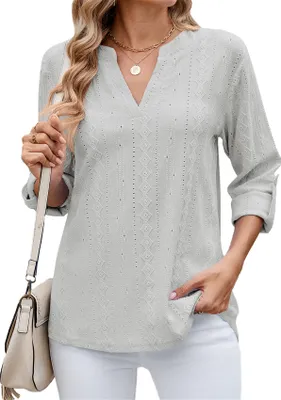 Image de ASKSA Chemise Femme 3/4 manches col V Manches longues T-shirts Jacquard Tunique Élégante Chemise Casual Chemisier Basic Hauts (Gris,XXL)