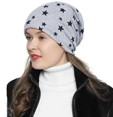 Produktbild von Damen Wintermütze gefüttert Slouch Beanie - mit Sternen-Print hellgrau